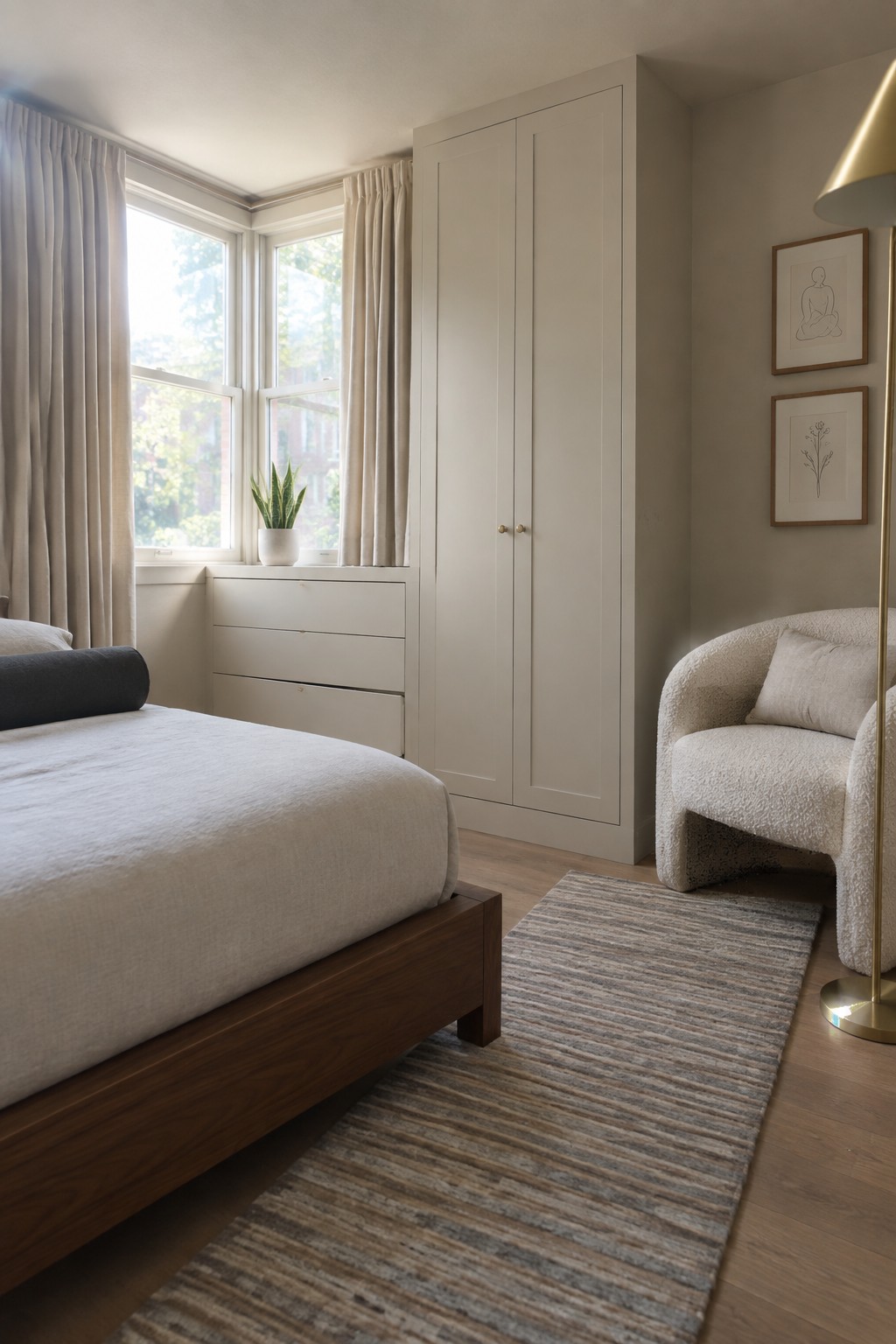 Light off-white paint covering bedroom walls and a tall built-in wardrobe beside dark wood flooring.
