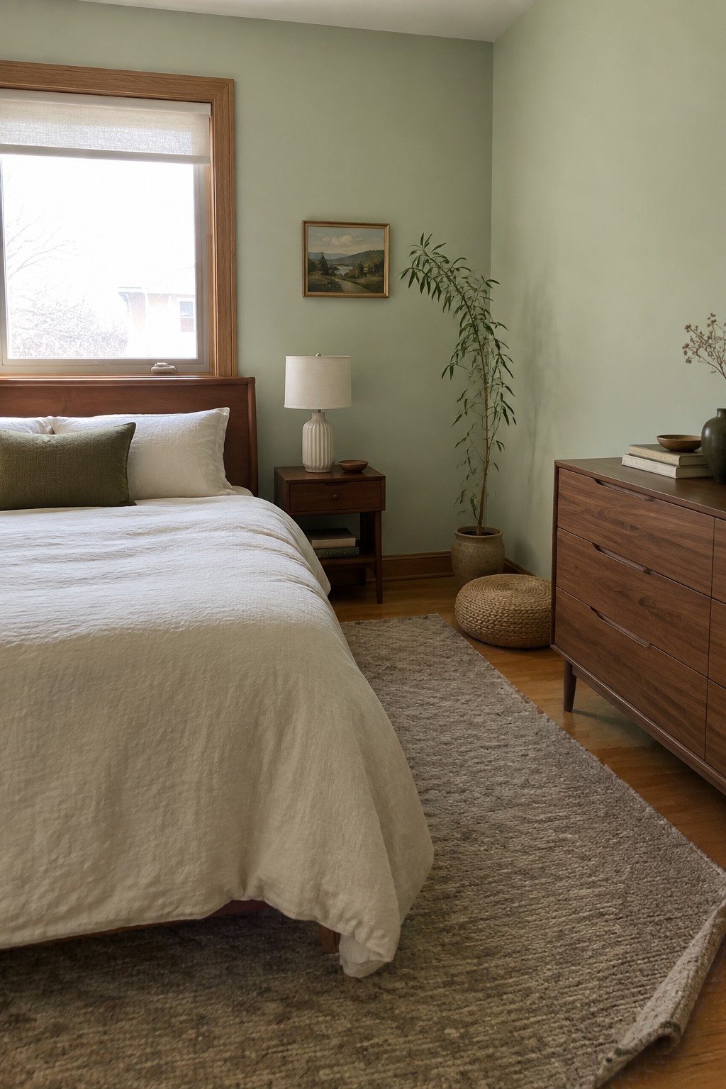 Cozy bedroom with wooden bed, white linens, green walls, and woven rug.