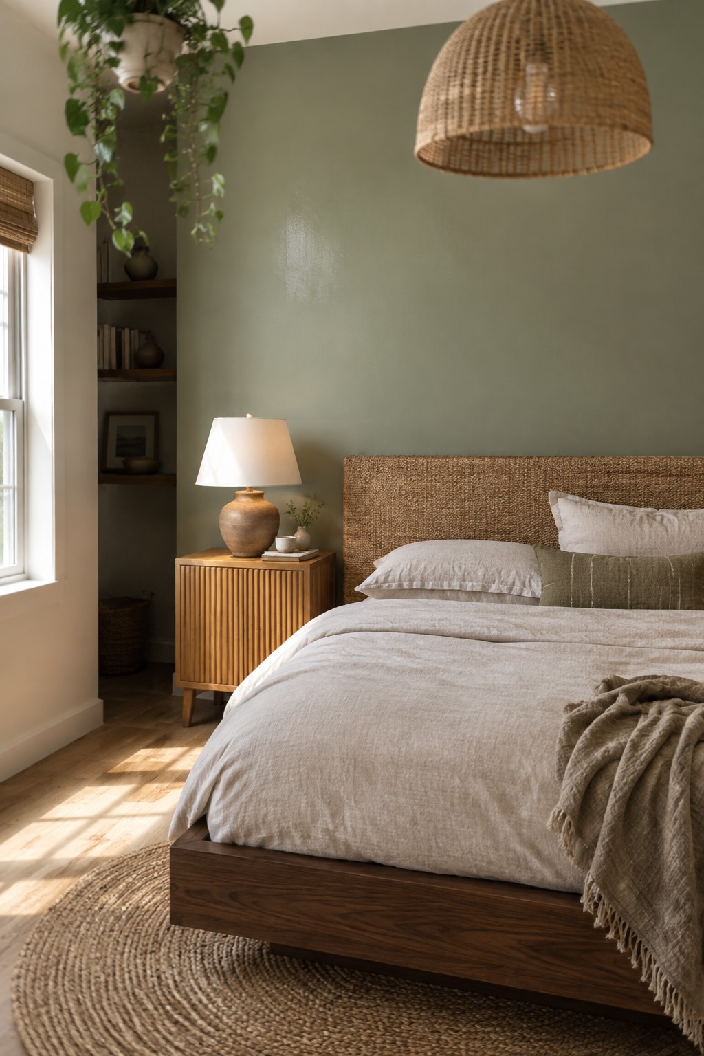 Soft sage green walls in a small bedroom next to a wooden nightstand and bed frame.
