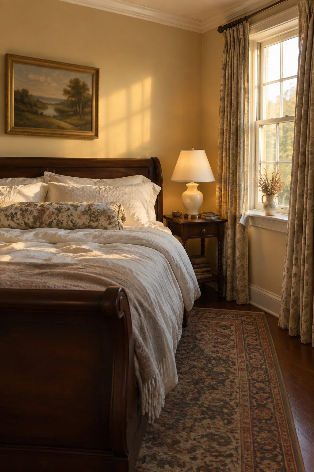 A bedroom with warm beige walls and dark wood furniture.