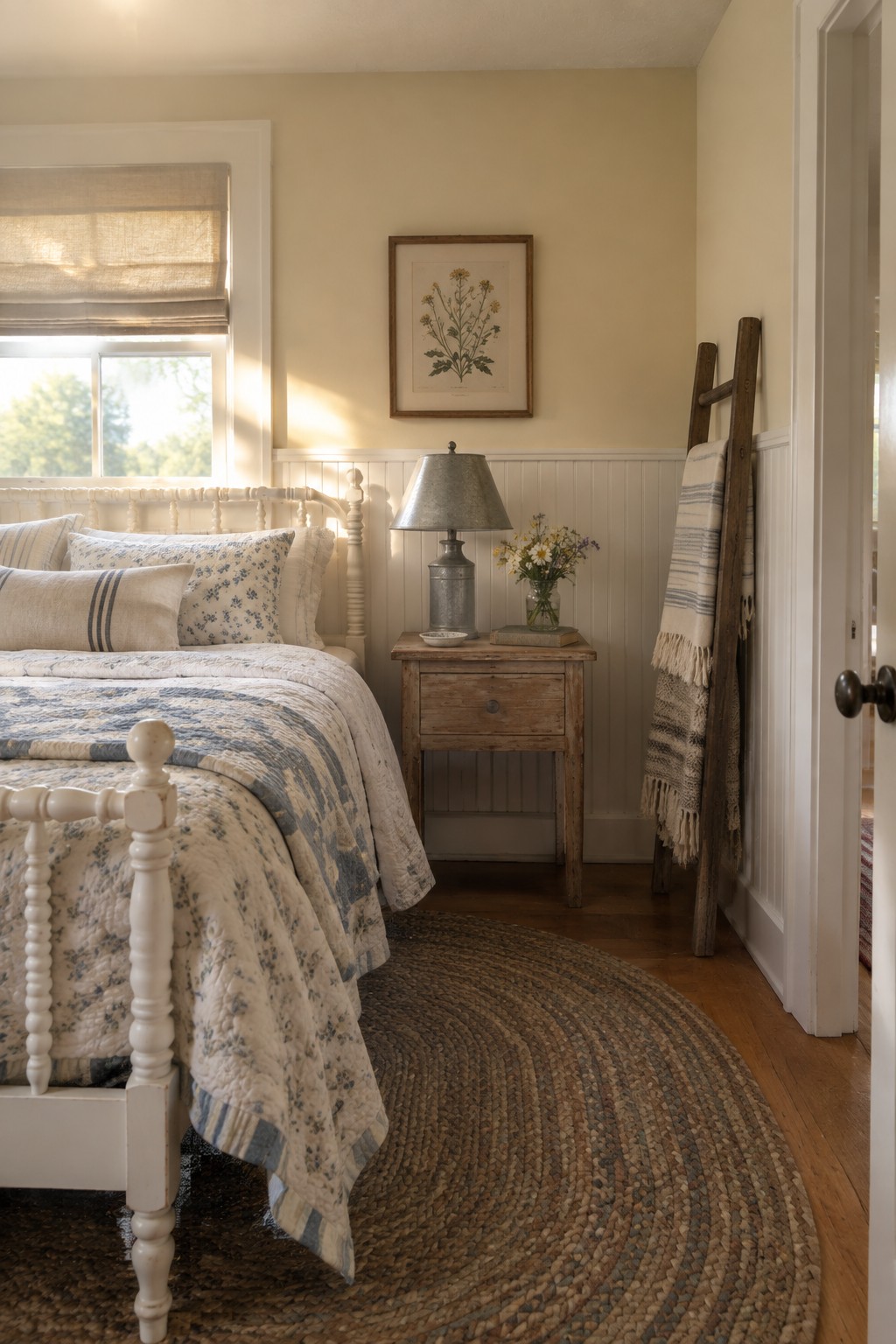 Rustic bedroom with white bed, floral quilt, wooden nightstand, lamp, round woven rug, and ladder.