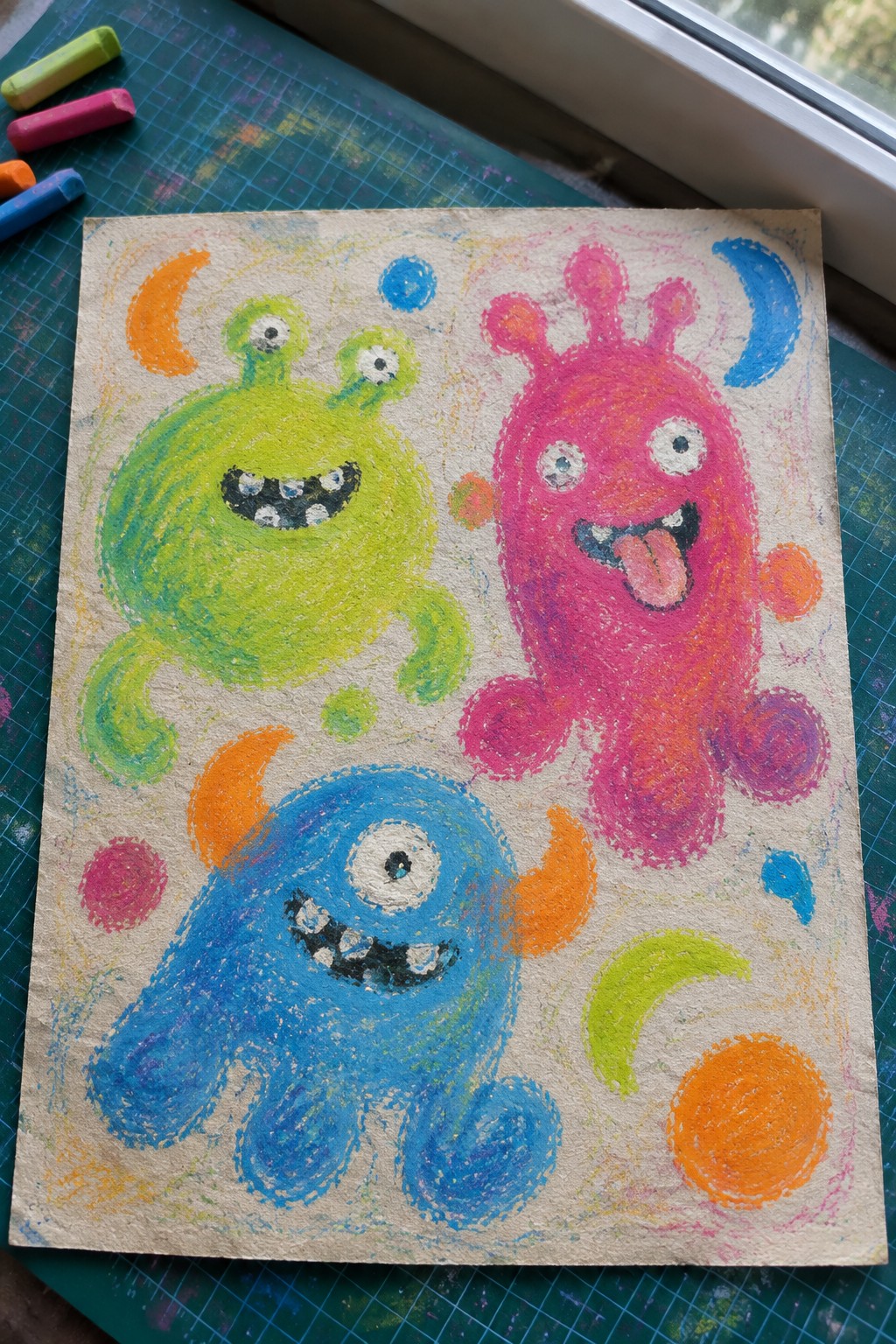 Three colorful chalk monsters with moons and dots on paper beside crayons