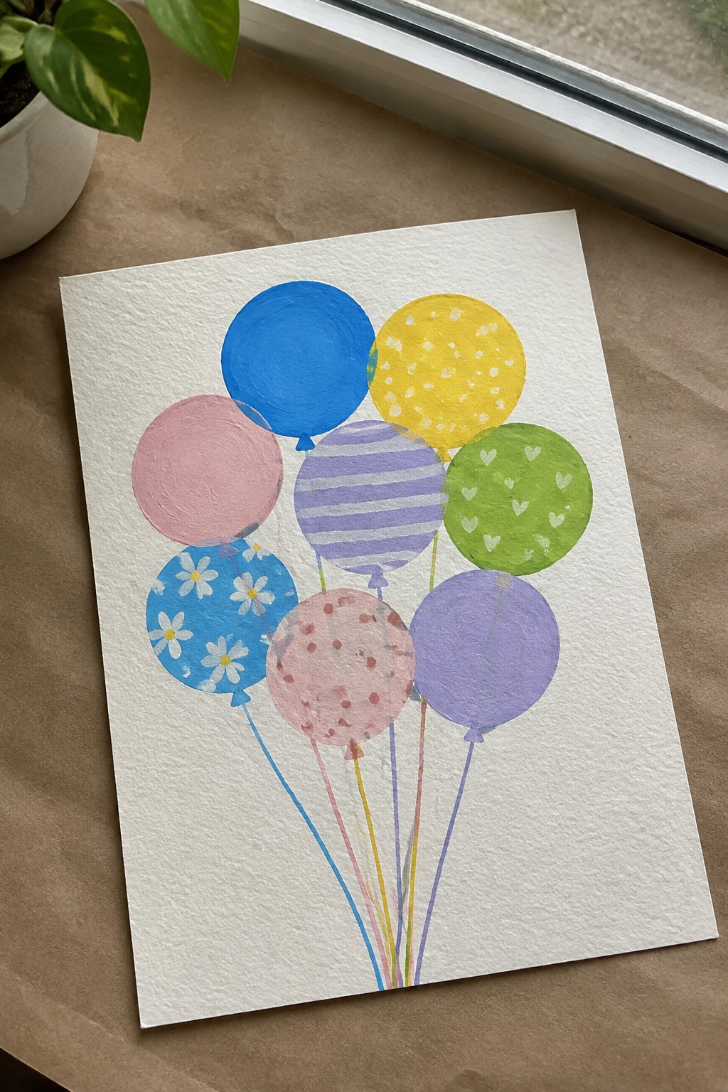 Colorful painted balloons with patterns and strings on white paper beside a plant
