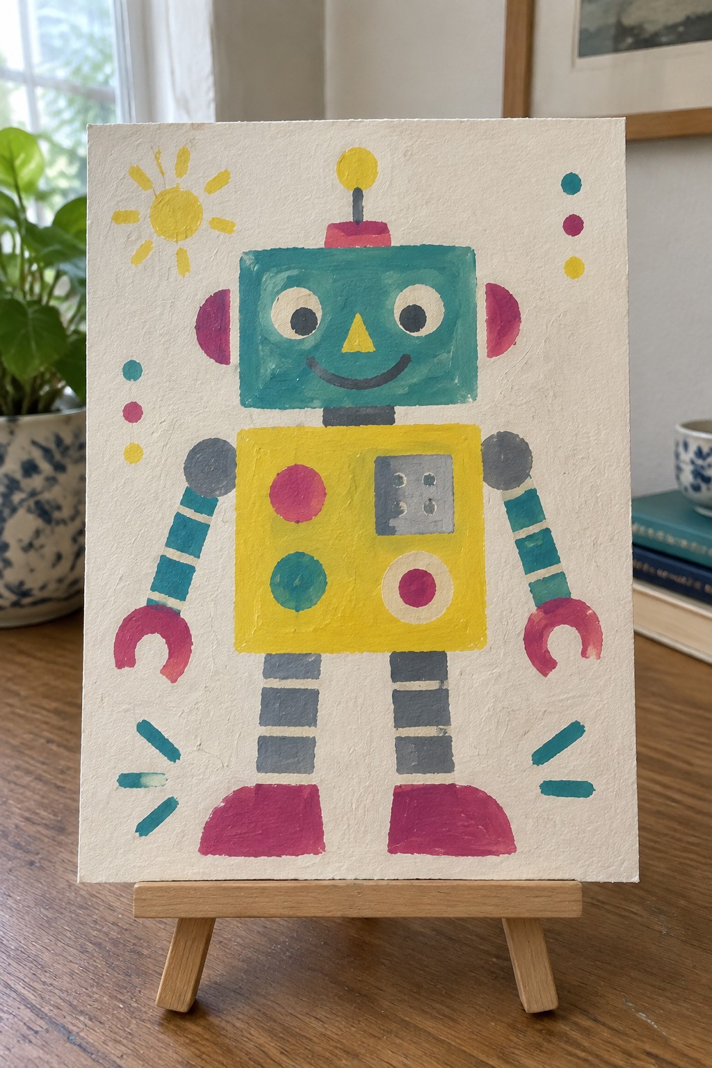 Vibrant folk-art painting of smiling robot with teal head and yellow body on easel