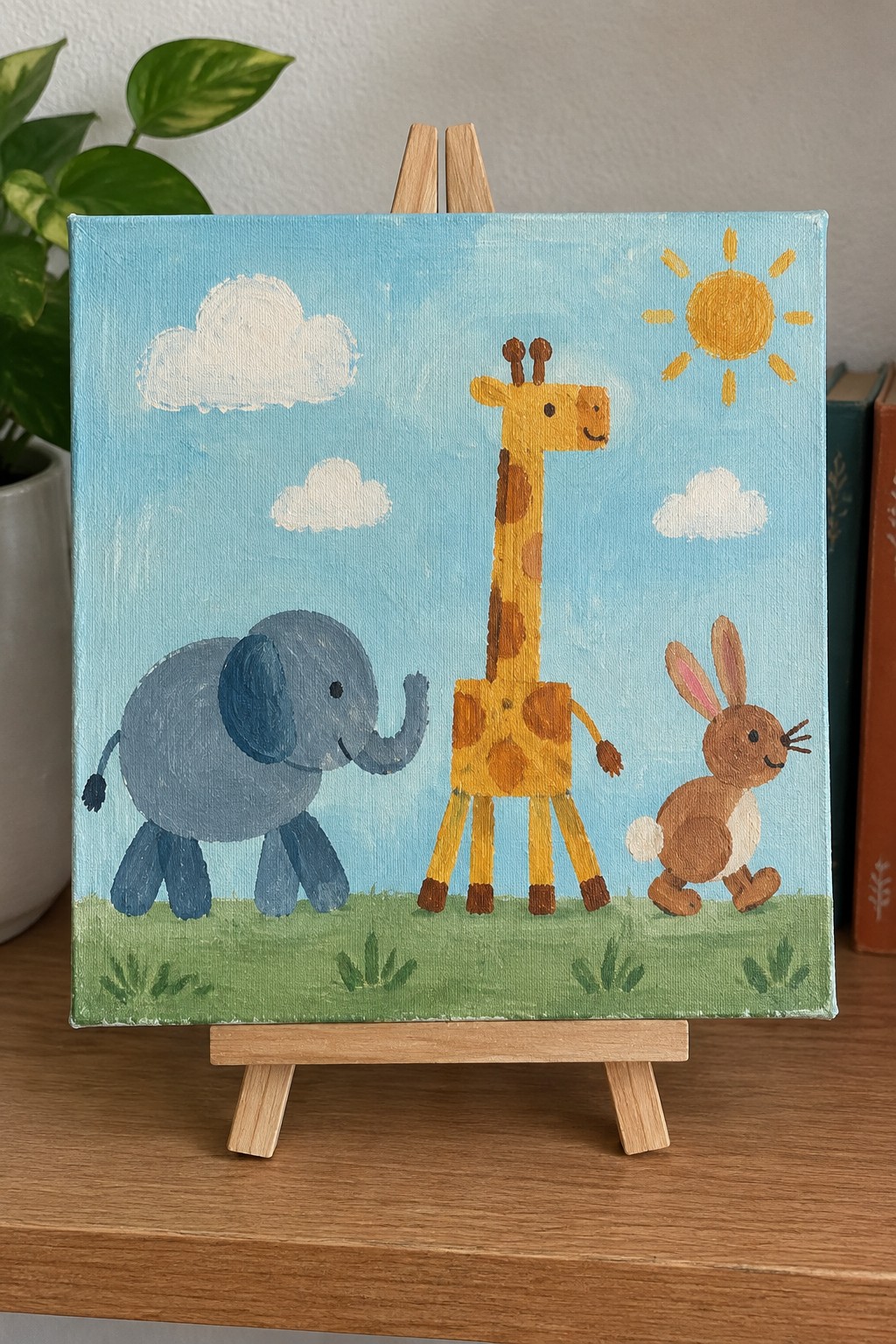 Blue elephant, spotted giraffe, and brown rabbit on grassy field under sunny sky