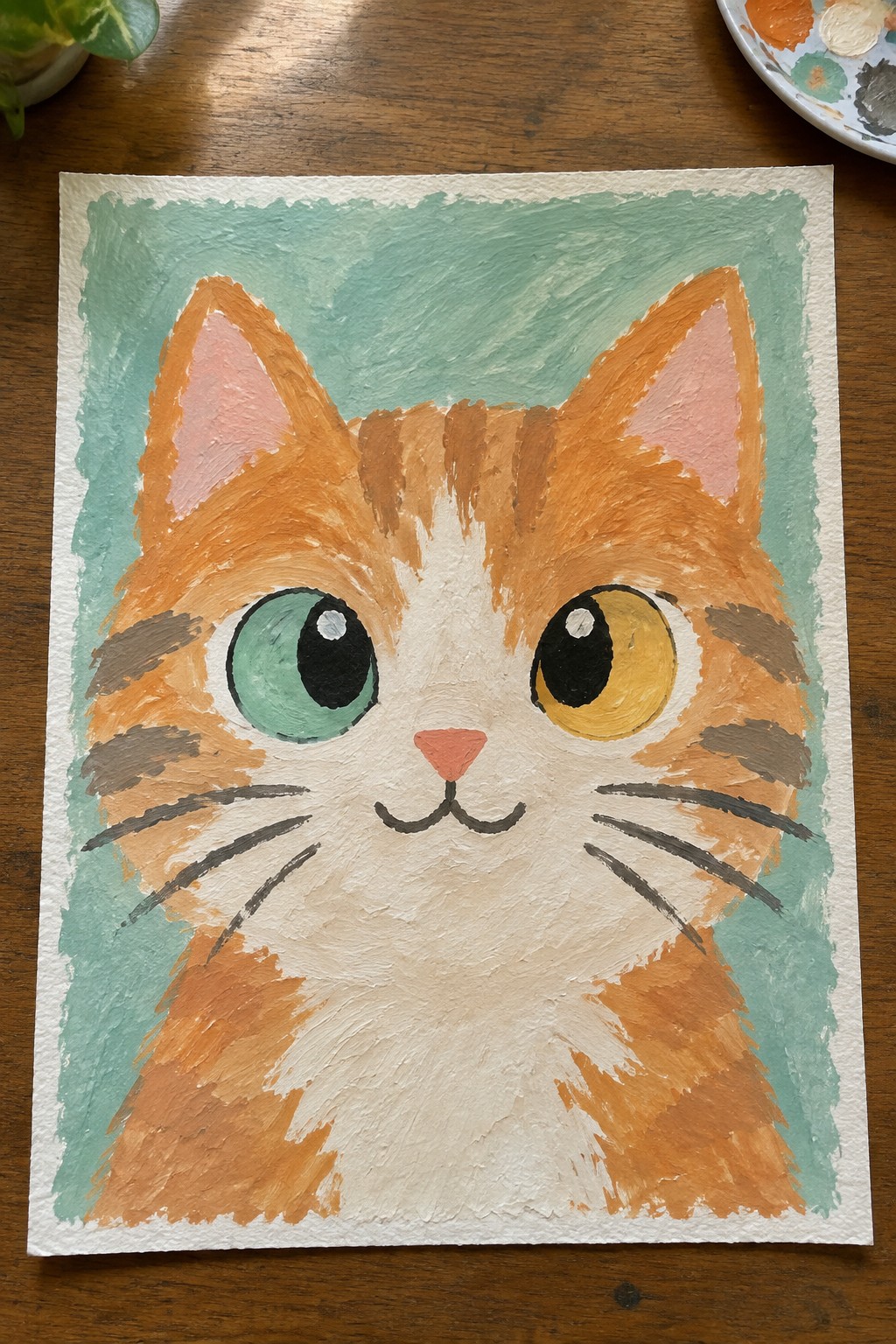 Orange tabby cat painting with one green and one yellow eye on teal background