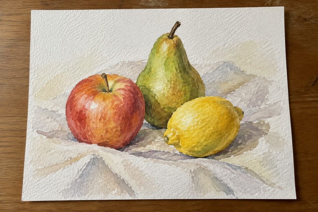 Watercolor still life of red apple, green pear, and yellow lemon on striped cloth.