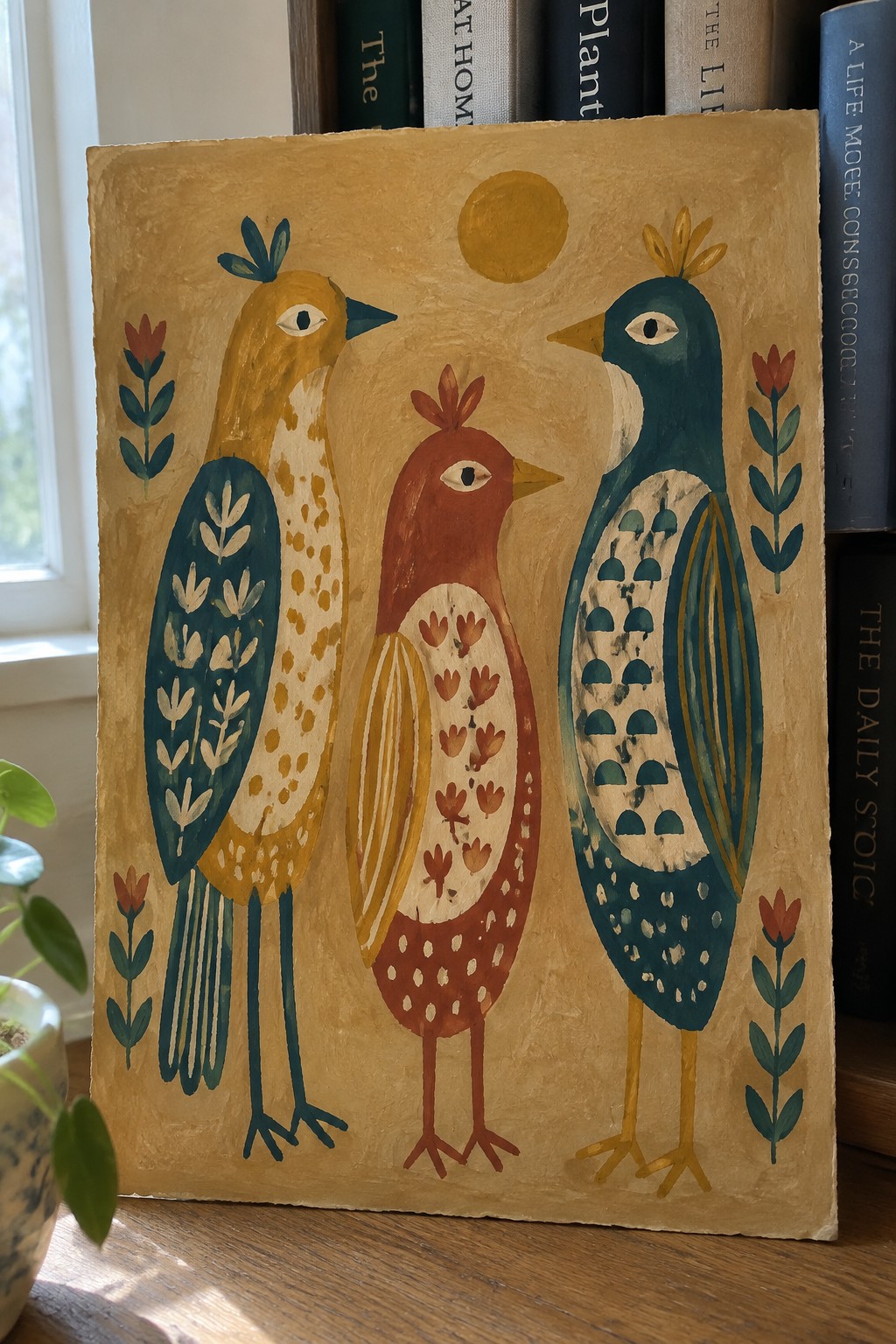 Three stylized birds in yellow, red, and teal on a sunny yellow folk-art backdrop