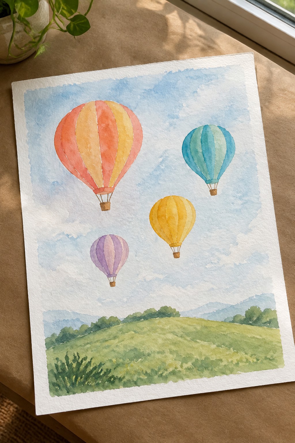 Watercolor painting of four colorful striped hot air balloons over green hills.