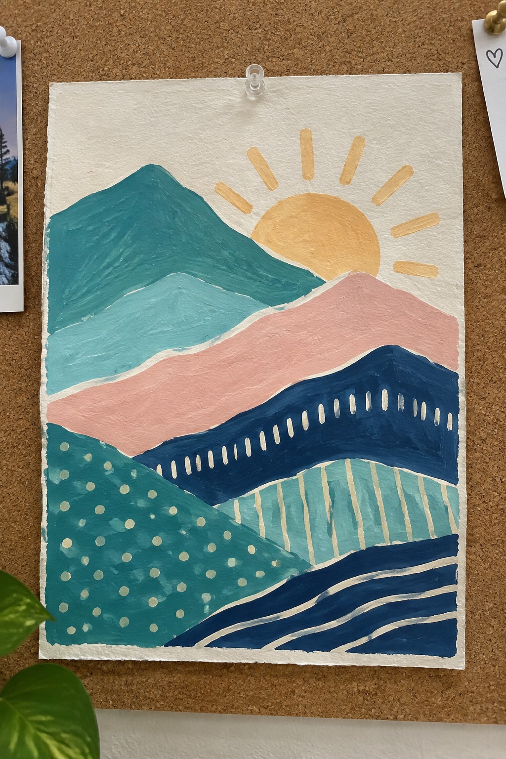 Abstract mountain landscape painting with teal pink navy layers and yellow sun