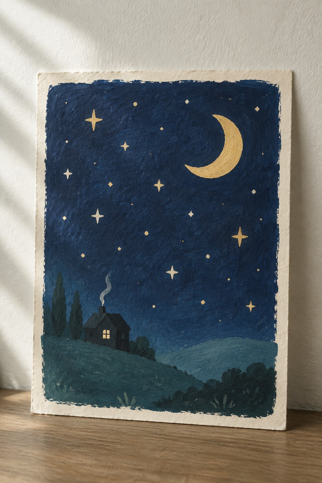 Starry night painting with golden crescent moon above a smoking house on a hill.