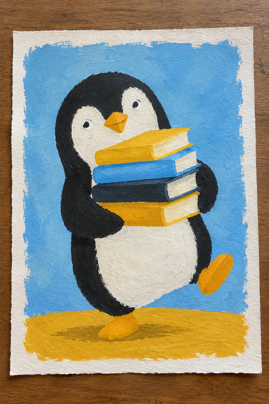 Penguin clutching stack of yellow and blue books on painted blue background