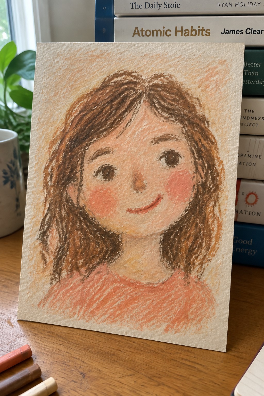 Colorful crayon portrait of smiling girl with brown hair against stack of books