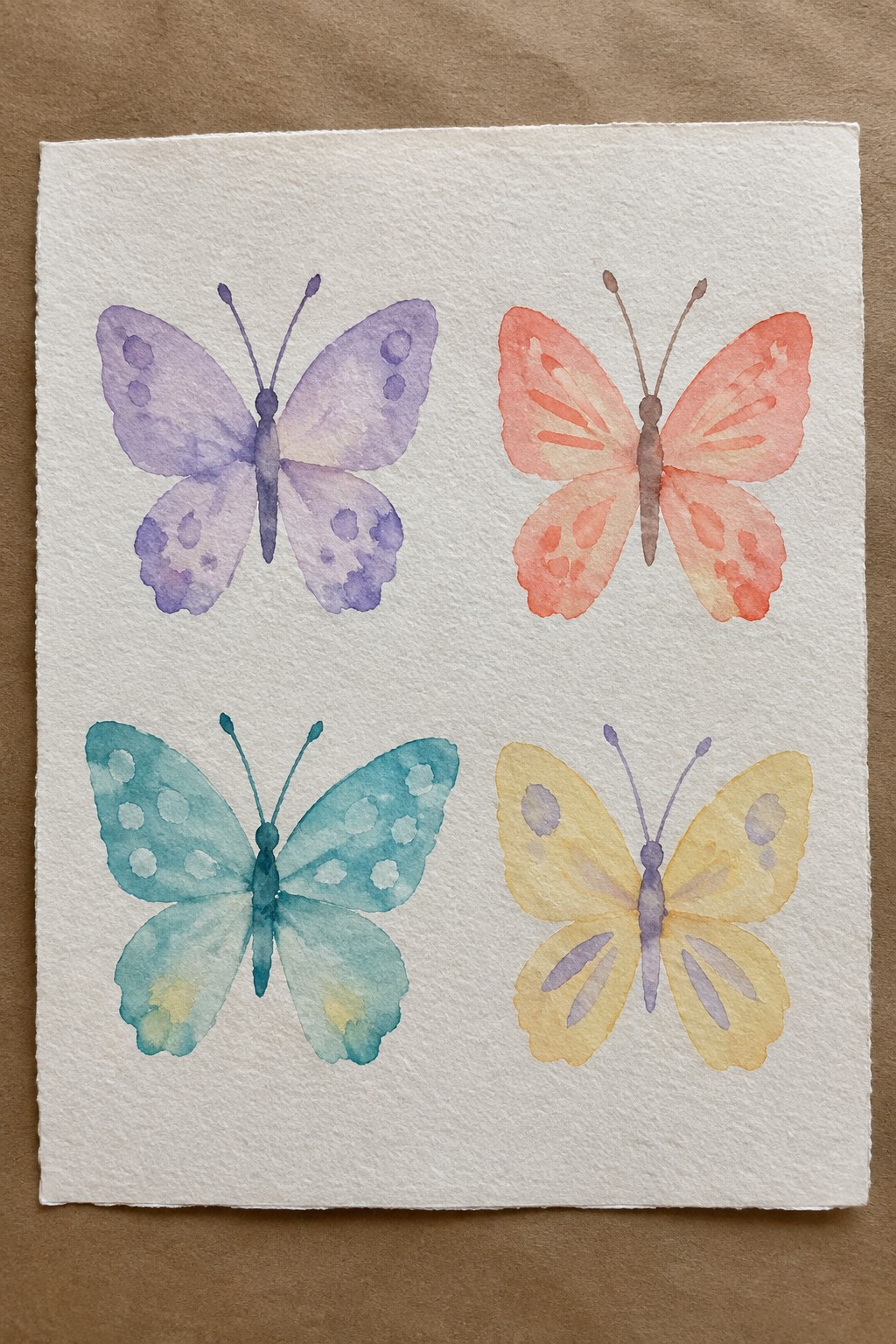 Four watercolor butterflies in purple, coral, teal, and yellow on white paper.