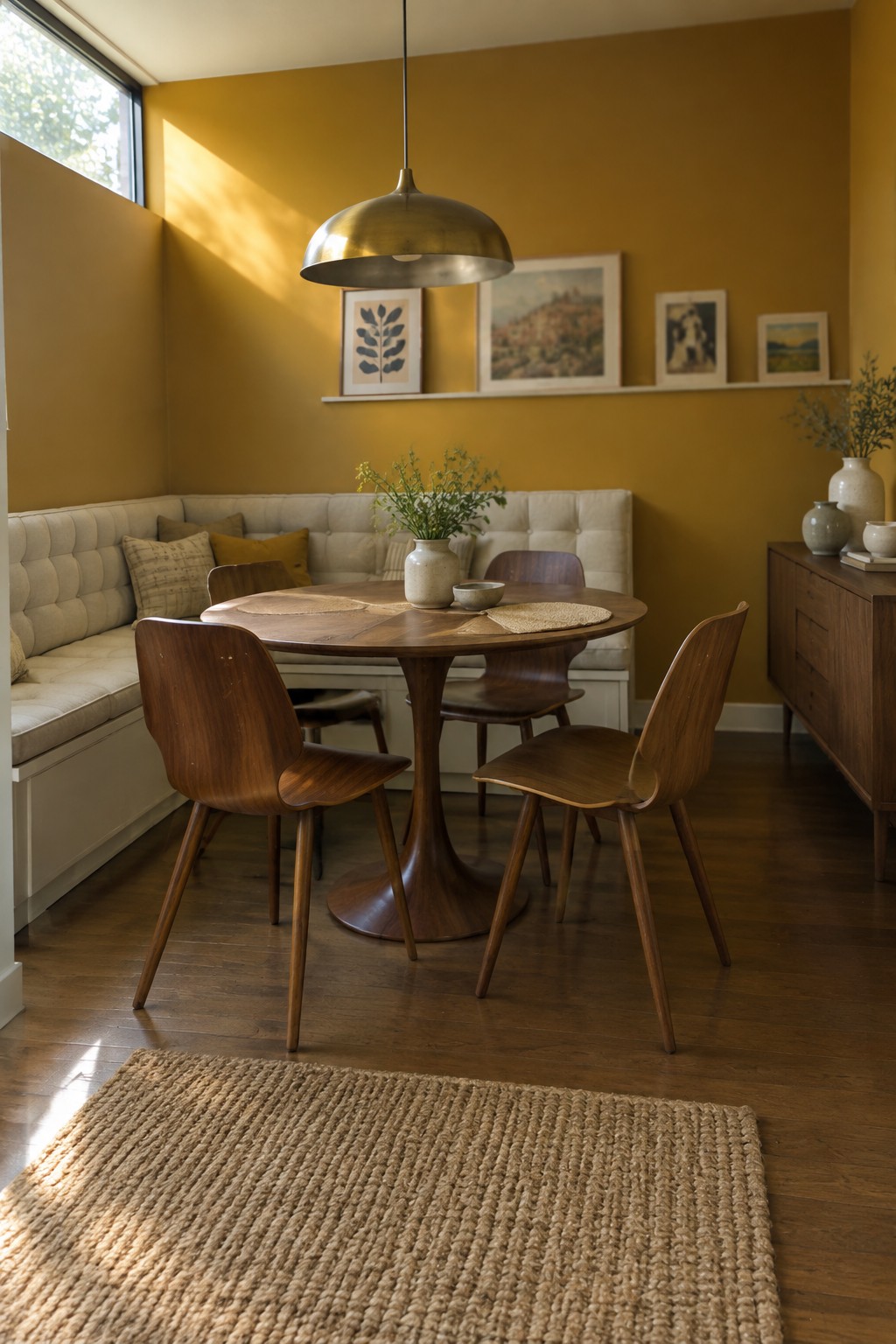 A dining nook with a bold golden yellow wall and midcentury wood furniture.