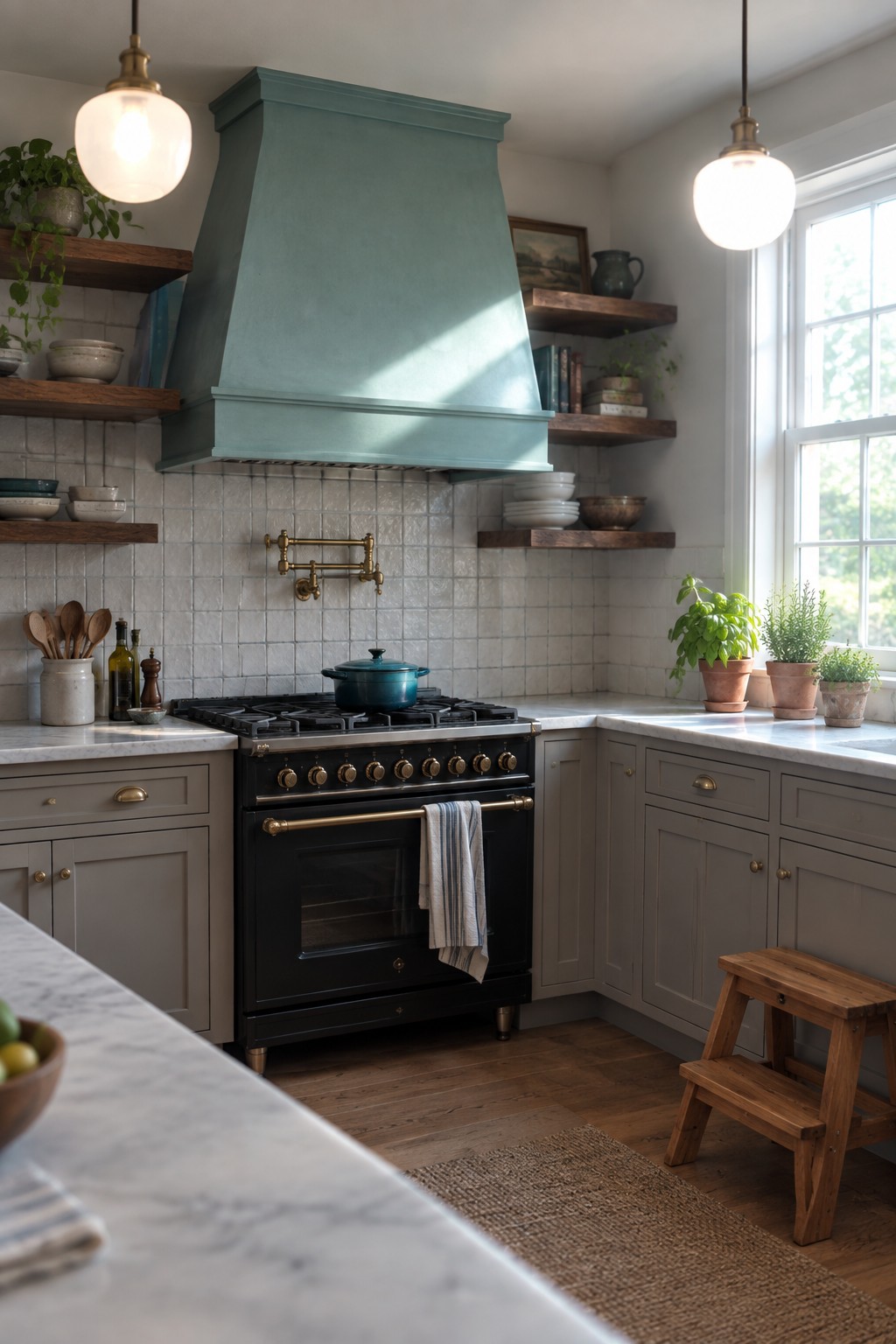 A muted teal range hood above a black stove in a kitchen with white tile and wood shelves.