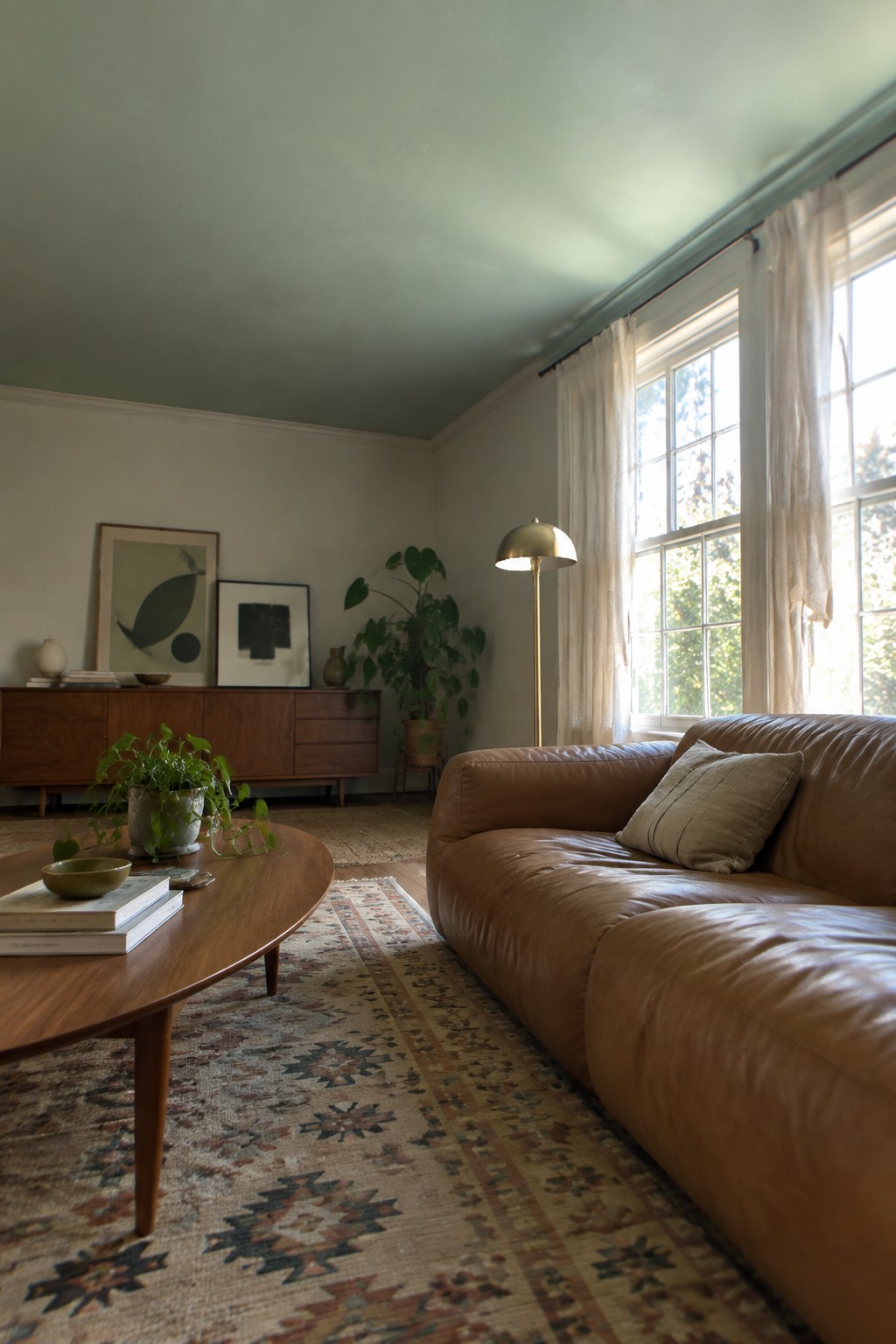 Mid-century living room with brown leather sofa, oval wood table, and patterned rug.