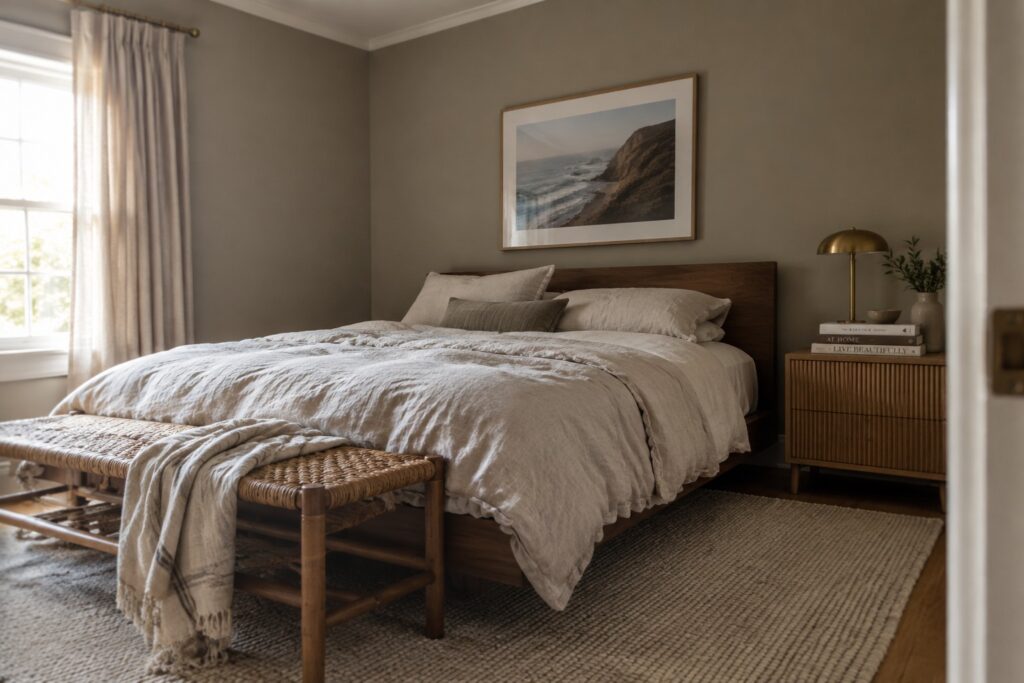 20 Medium Greige Paint Colors for Balanced Interior Walls Bedroom walls painted in a medium greige tone next to warm wood furniture.