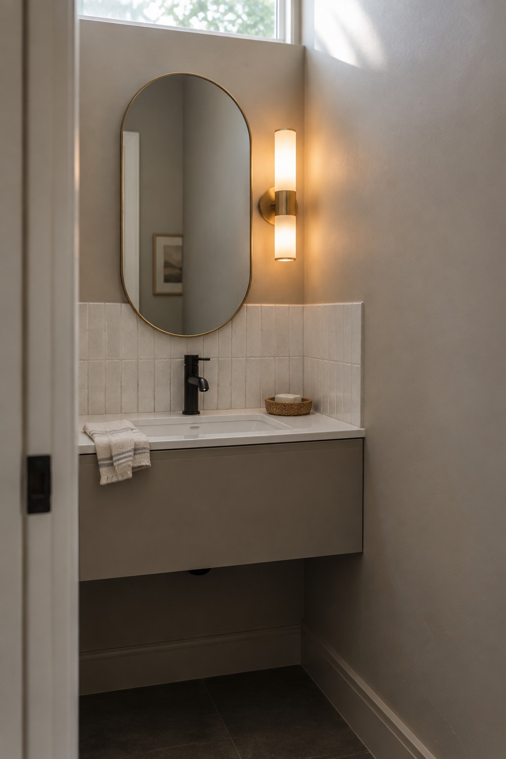 Medium greige paint on bathroom walls and a floating vanity above white tile.