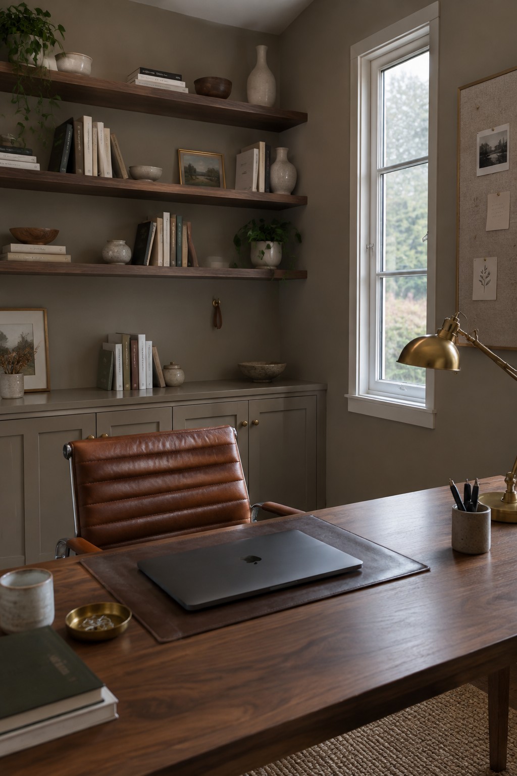 Medium greige paint covering walls and built-in cabinetry in a home office with wood furniture.