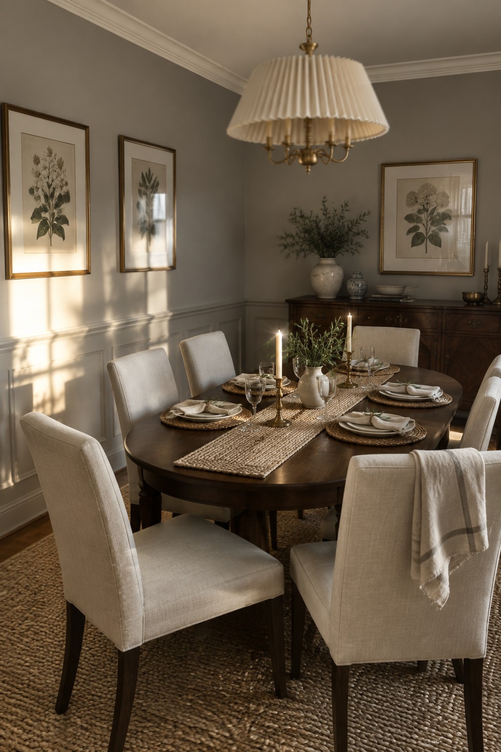 Medium greige walls above white wainscoting in a dining room with dark wood furniture.