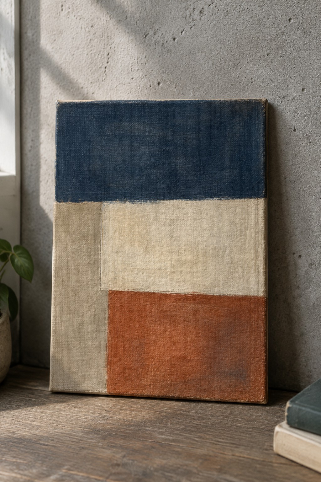Abstract canvas with navy blue top, beige middle, terracotta bottom against concrete wall