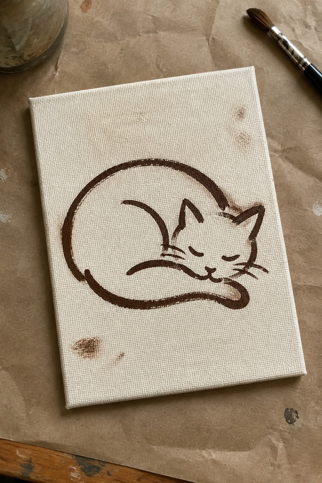 White canvas on brown paper with brown painted sleeping cat and paintbrush nearby