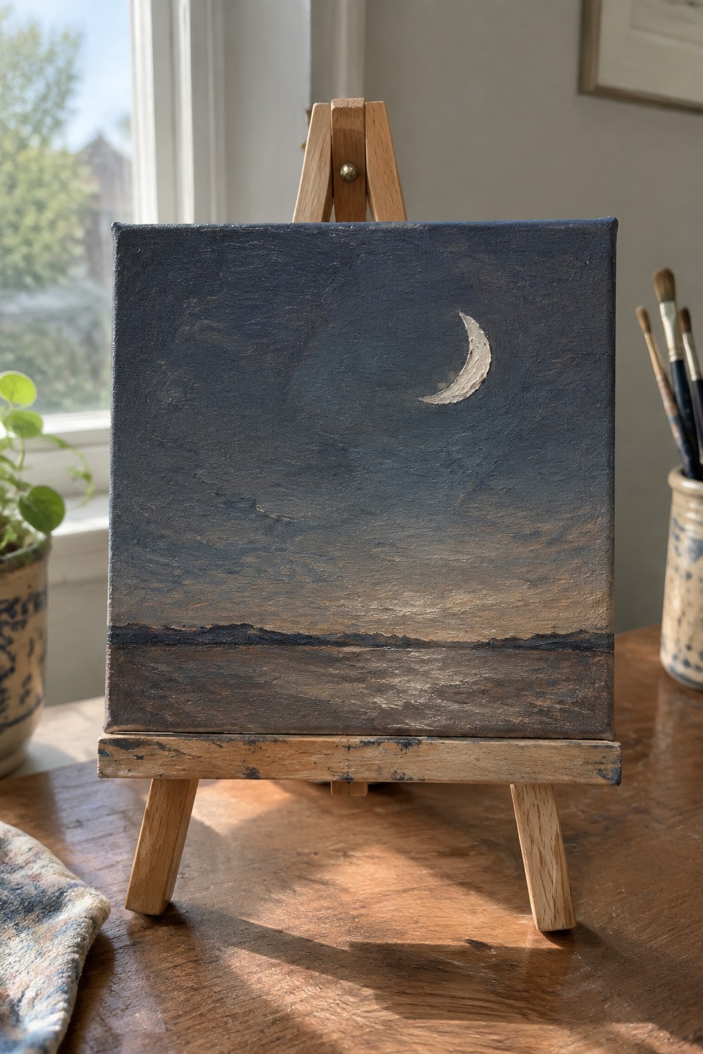 Crescent moon painting on small canvas atop wooden easel on table