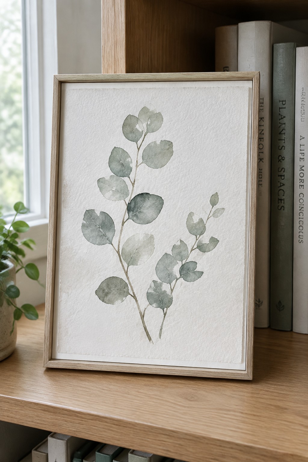 Framed watercolor eucalyptus branches in green tones on wooden table with books