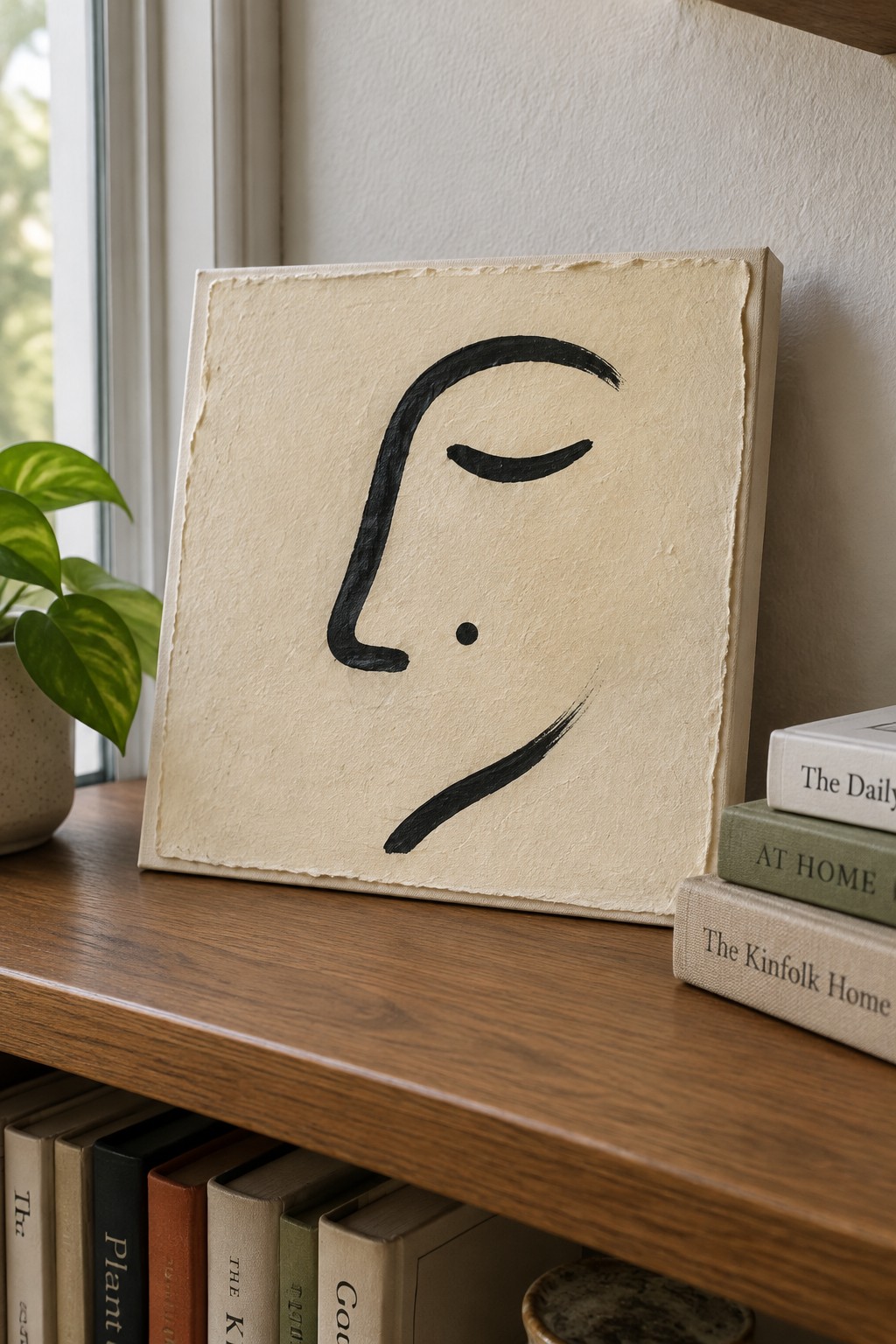 Minimalist black line face on beige canvas beside books on wooden shelf