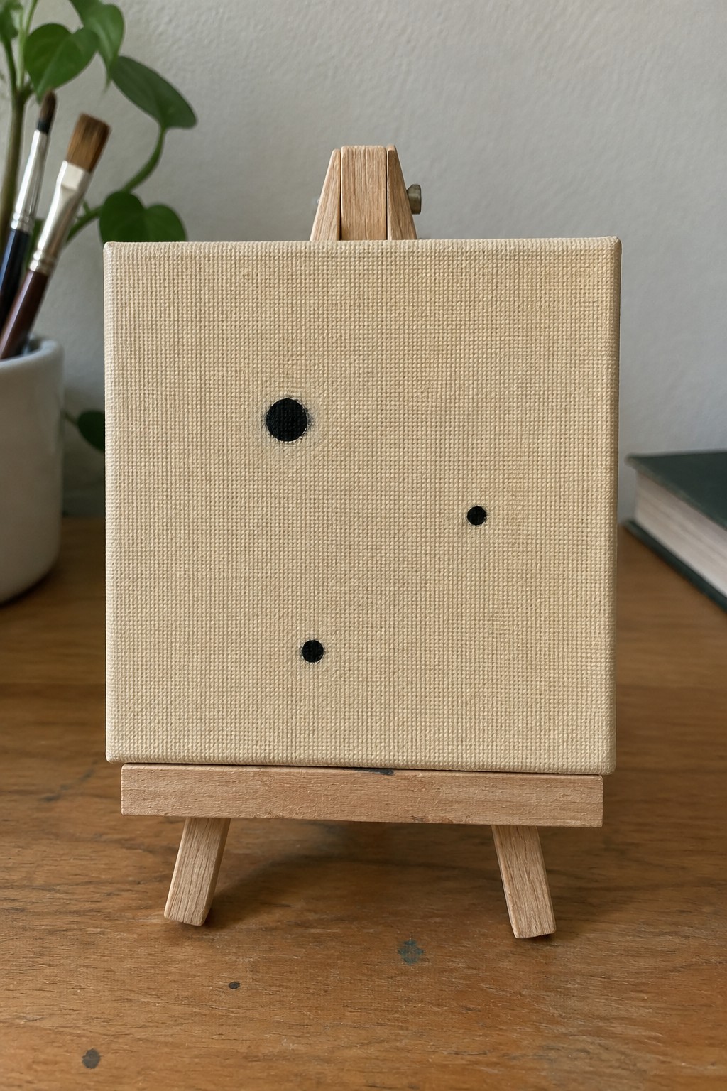 Beige canvas with three black dots displayed on a wooden easel