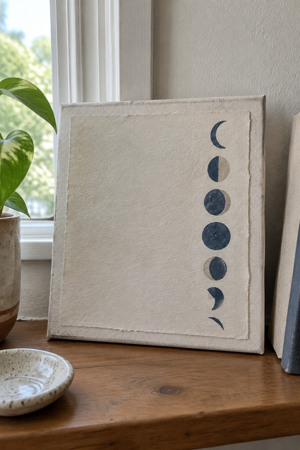 Canvas with moon phase painting on wooden table near potted plant and bowl.