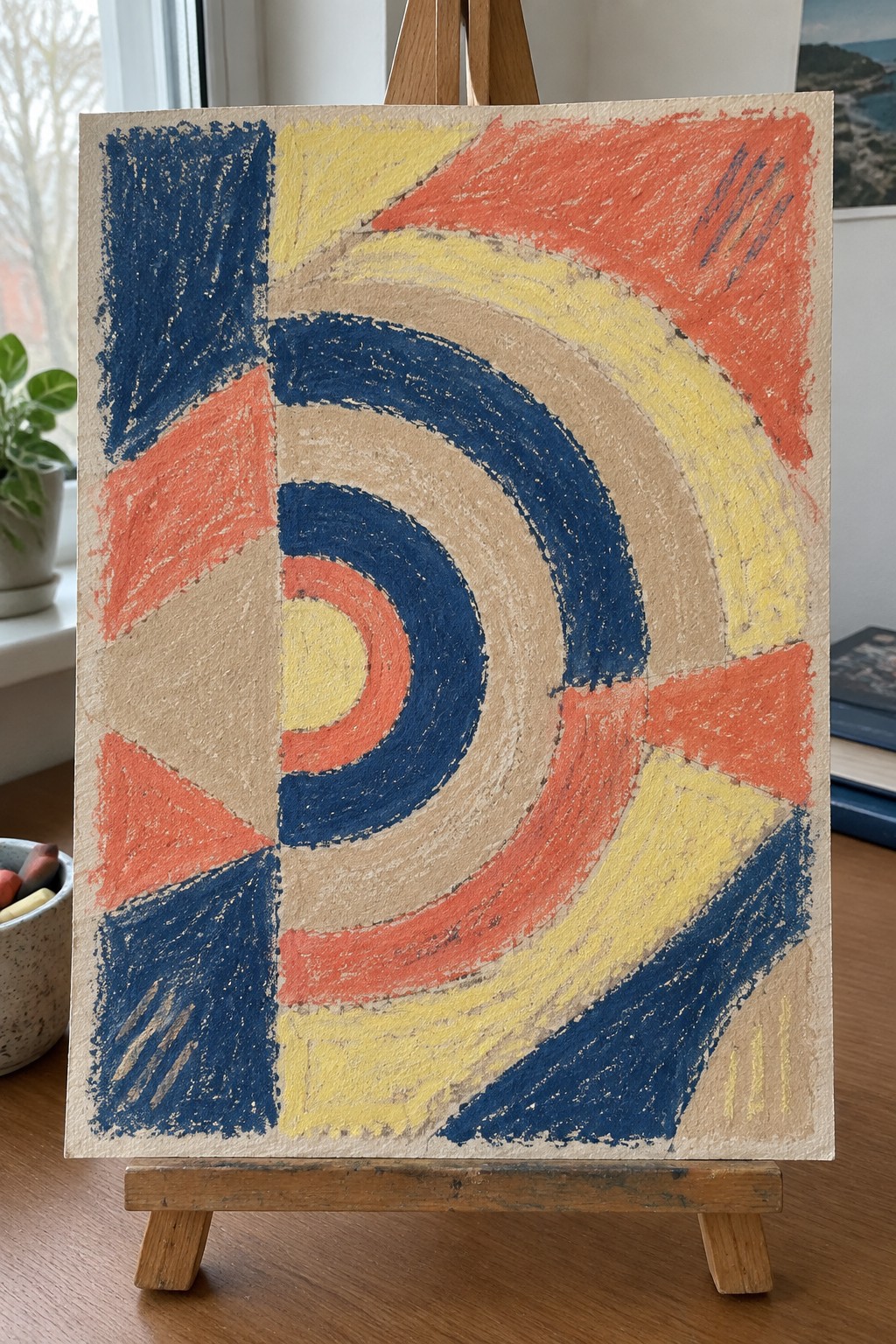 Abstract painting with blue arcs, orange triangles, yellow shapes on wooden easel