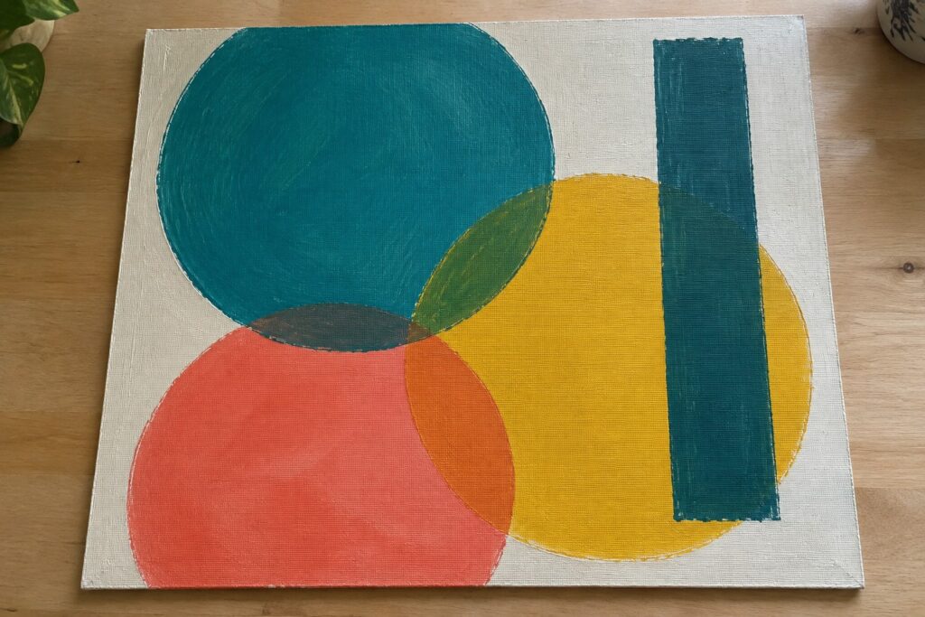 20 Modern Abstract Painting Ideas for Beginners Using Bold Geometric Forms Abstract painting with overlapping teal, red, yellow, green circles and teal bars on canvas
