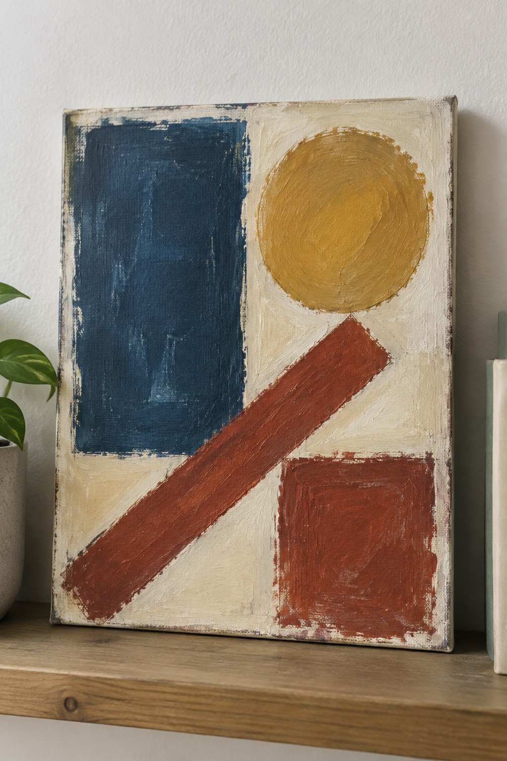 Abstract painting with blue rectangle, yellow circle, red diagonal stripe and square on beige.