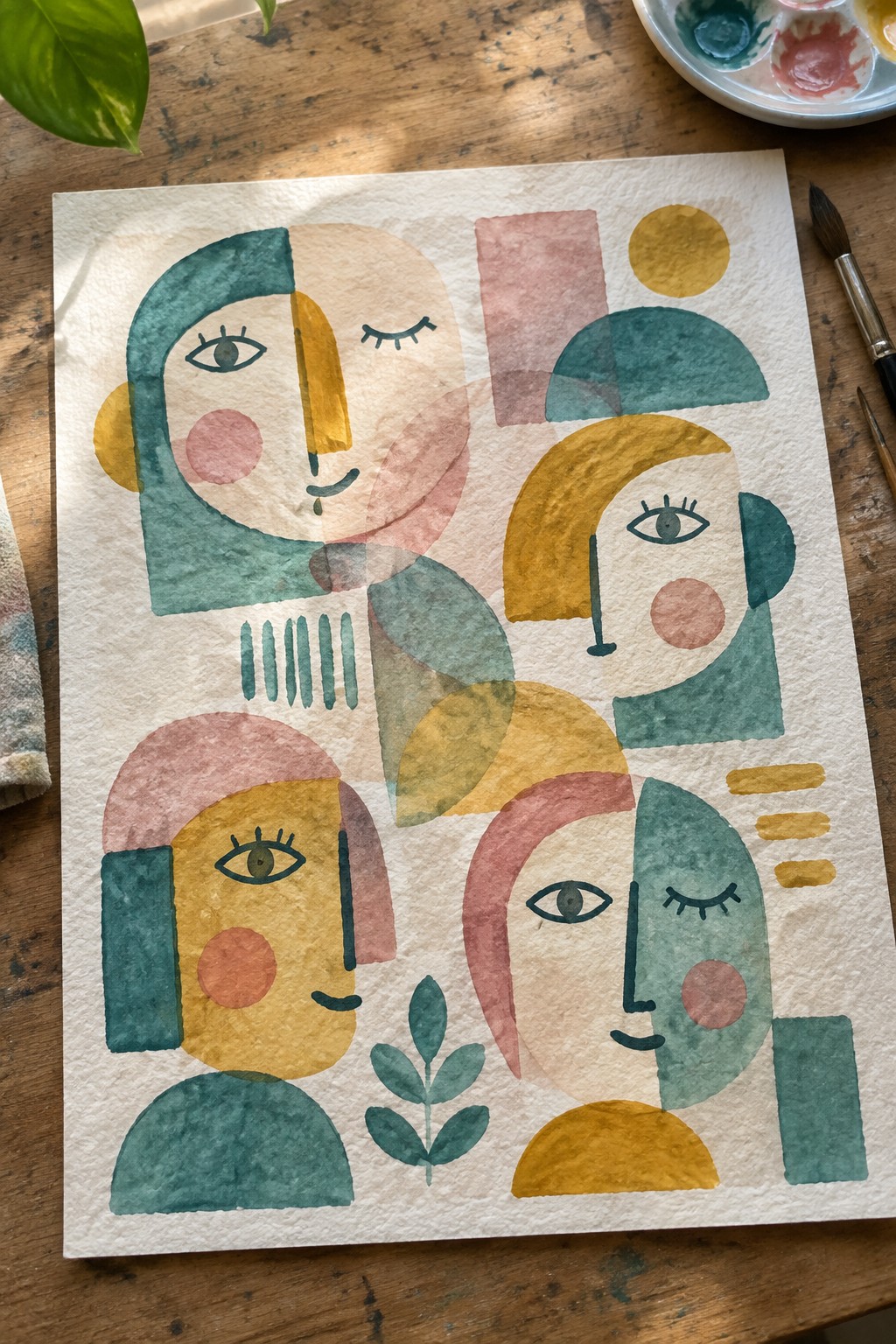 Abstract geometric faces in teal, yellow, and pink watercolor on paper with art supplies