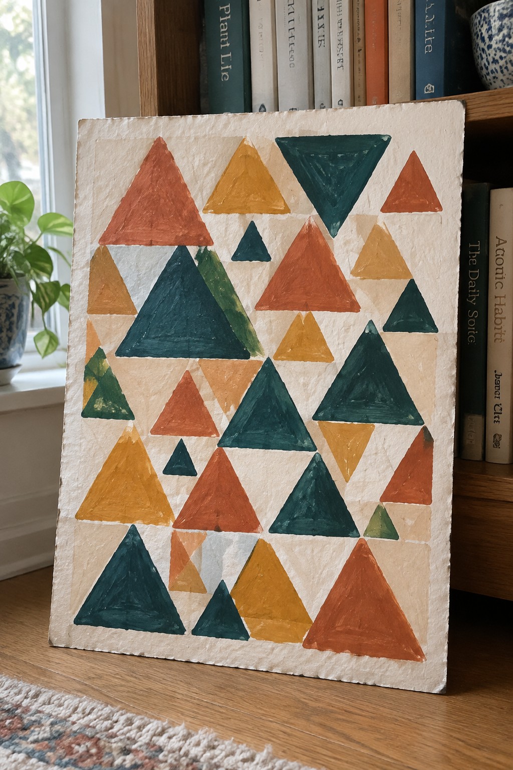 Abstract artwork of overlapping triangles in orange, yellow, teal on textured paper by bookshelf.