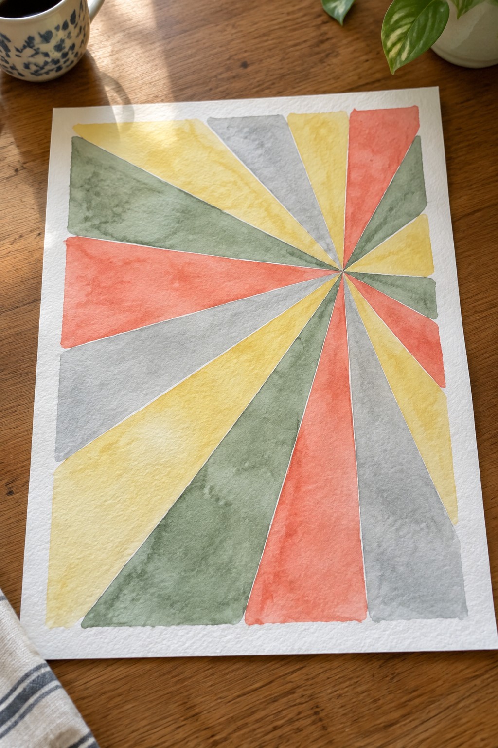 Watercolor sunburst painting with radiating triangles in yellow, green, gray, and coral