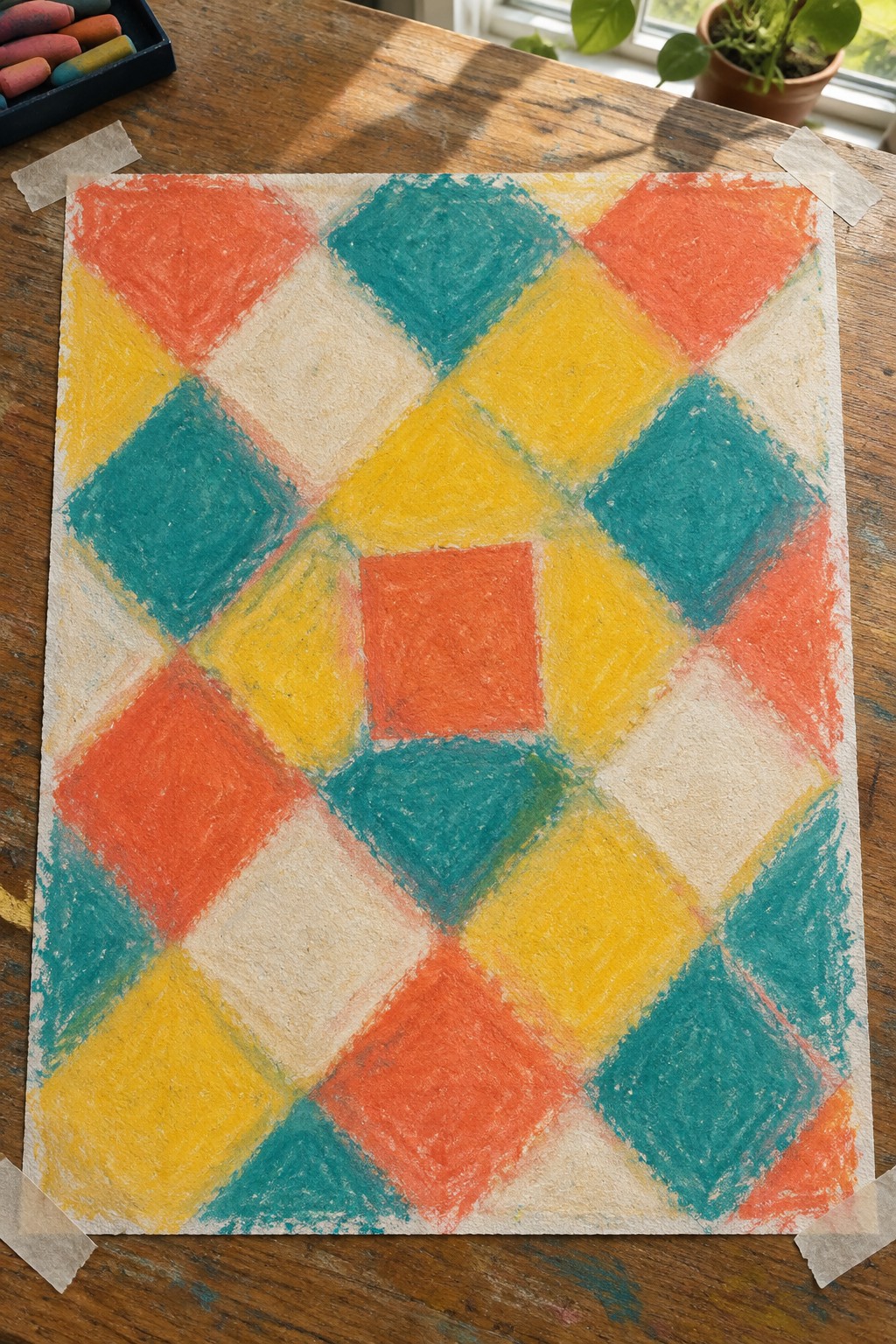 Colorful geometric diamond pattern in red, yellow, teal pastels on paper taped to wood.