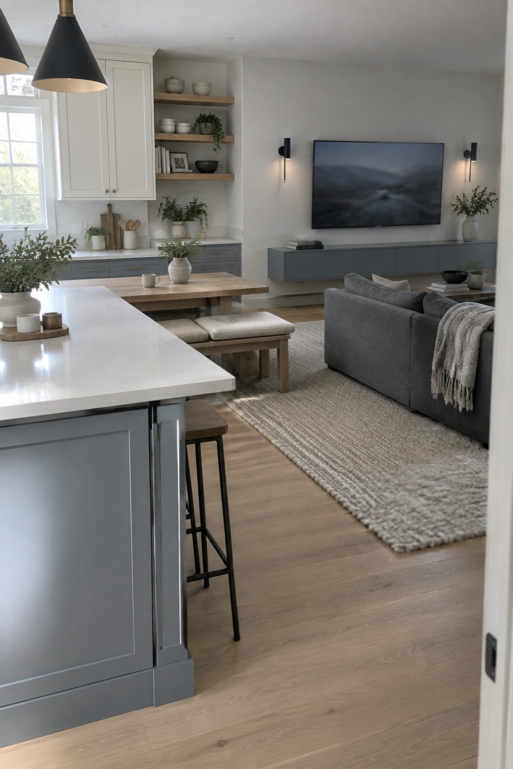 Blue gray paint on kitchen island and base cabinets with white countertop.