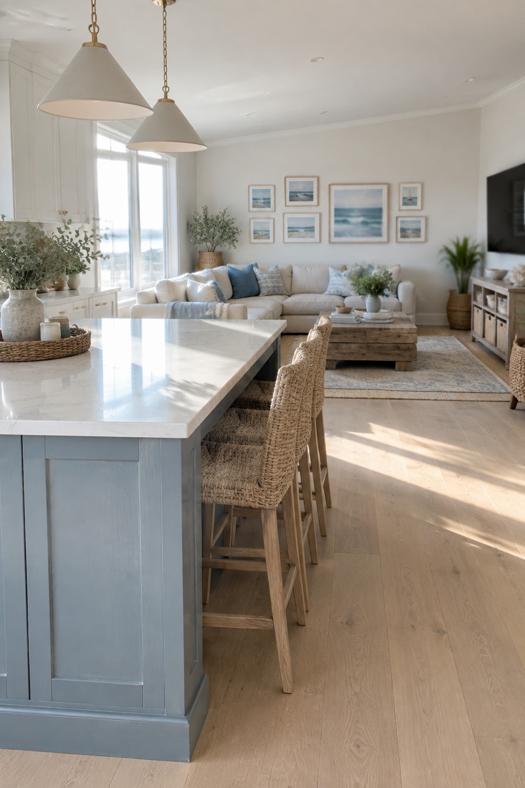 Blue gray paint on kitchen island cabinets with white marble countertop in an open living space.
