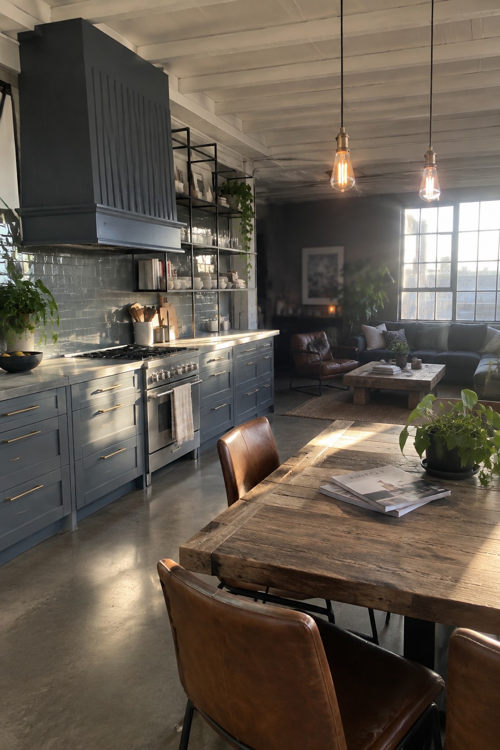 Dark blue-gray kitchen cabinets in an open living space with wood table and concrete floors.