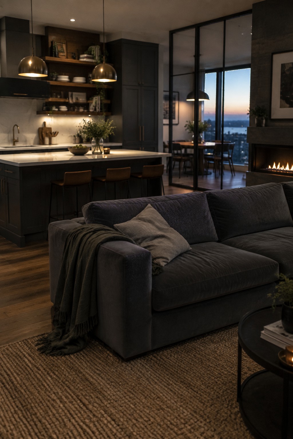Dark charcoal kitchen cabinets in a modern open-concept kitchen and living area with a white island.