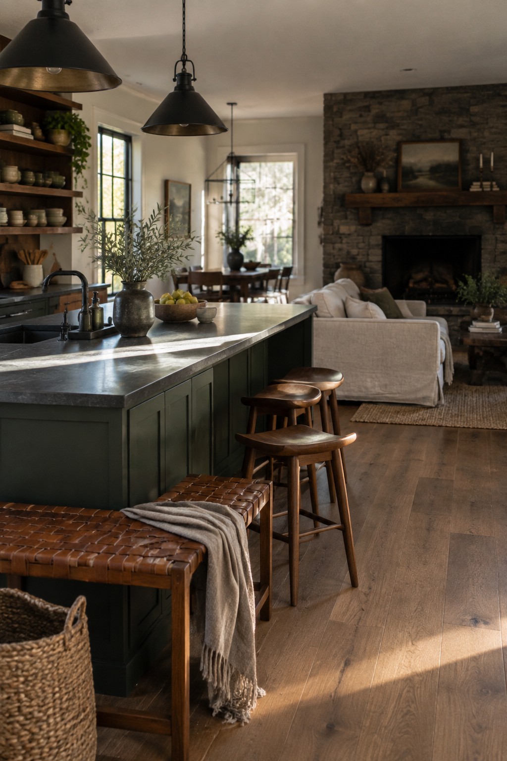 Deep green kitchen island cabinets in an open living space with wood stools and stone fireplace.
