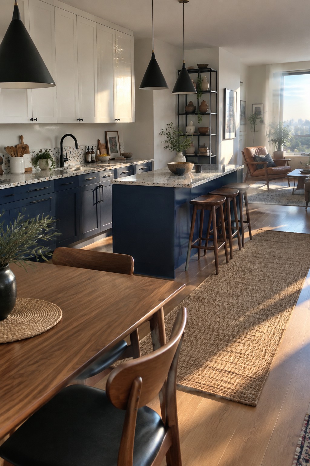 Deep navy blue lower cabinets and island in a modern open kitchen with white upper cabinets and wood stools.