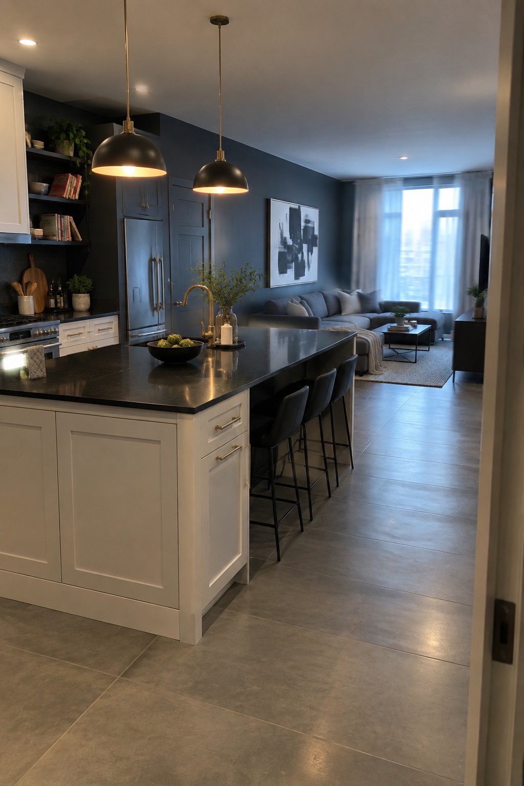Modern kitchen island with black stools and open living room beyond