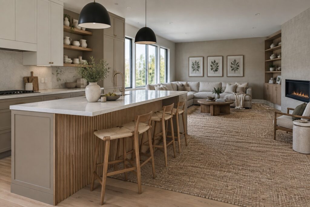 20 Modern Kitchen Paint Colors for Open-Concept Kitchen and Living Areas Modern kitchen with marble island, wooden stools, black pendants, and neutral living area.
