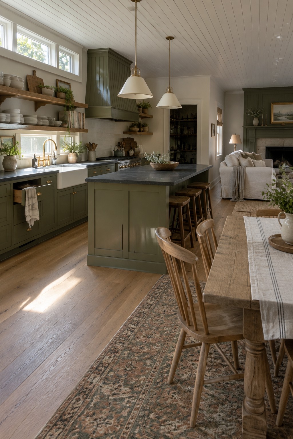 Muted sage green kitchen cabinets and island in an open-concept space with wood flooring.