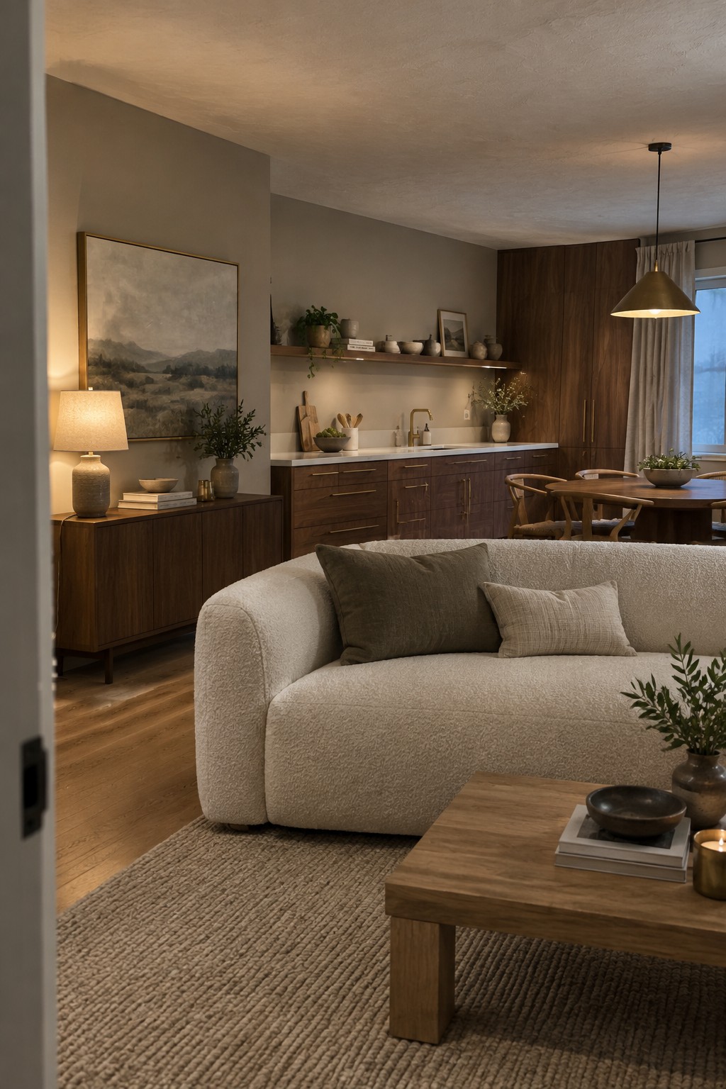 Warm greige walls in an open kitchen and living area with wood cabinetry.