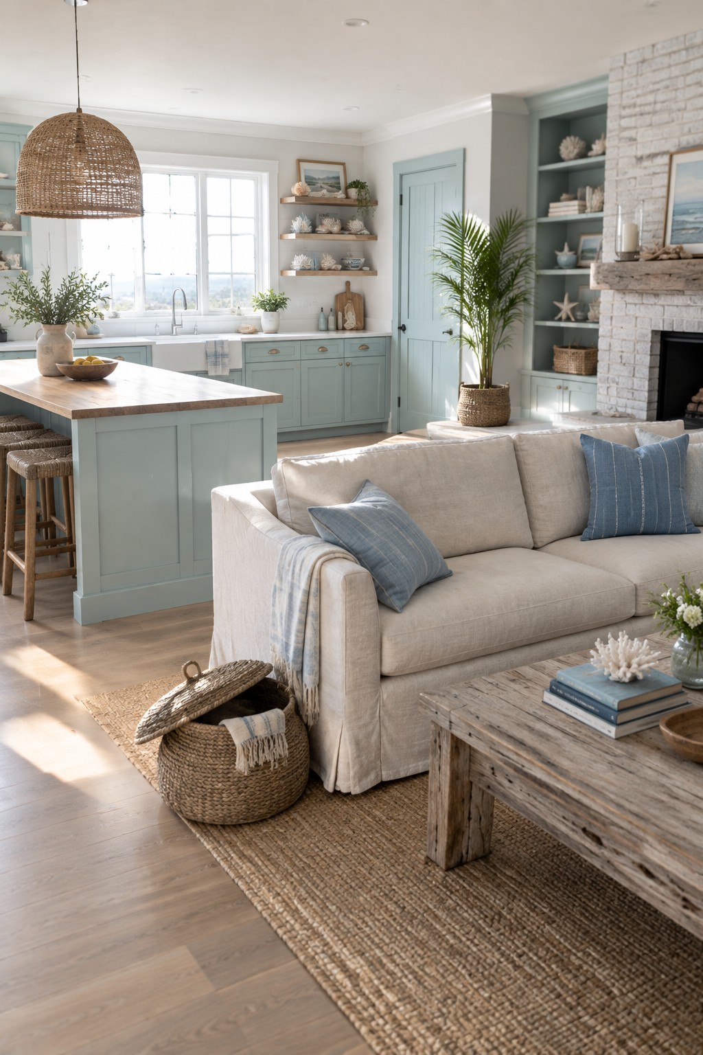 Light sage green kitchen cabinets in an open living space with wood island and flooring.
